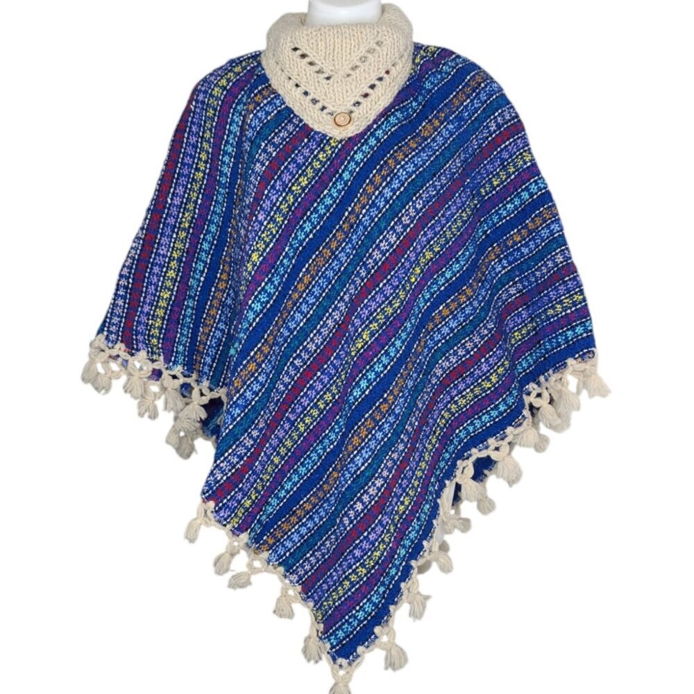 VTG Blue Colorful Cream Fringe Trim Chunky Knit Handmade Poncho